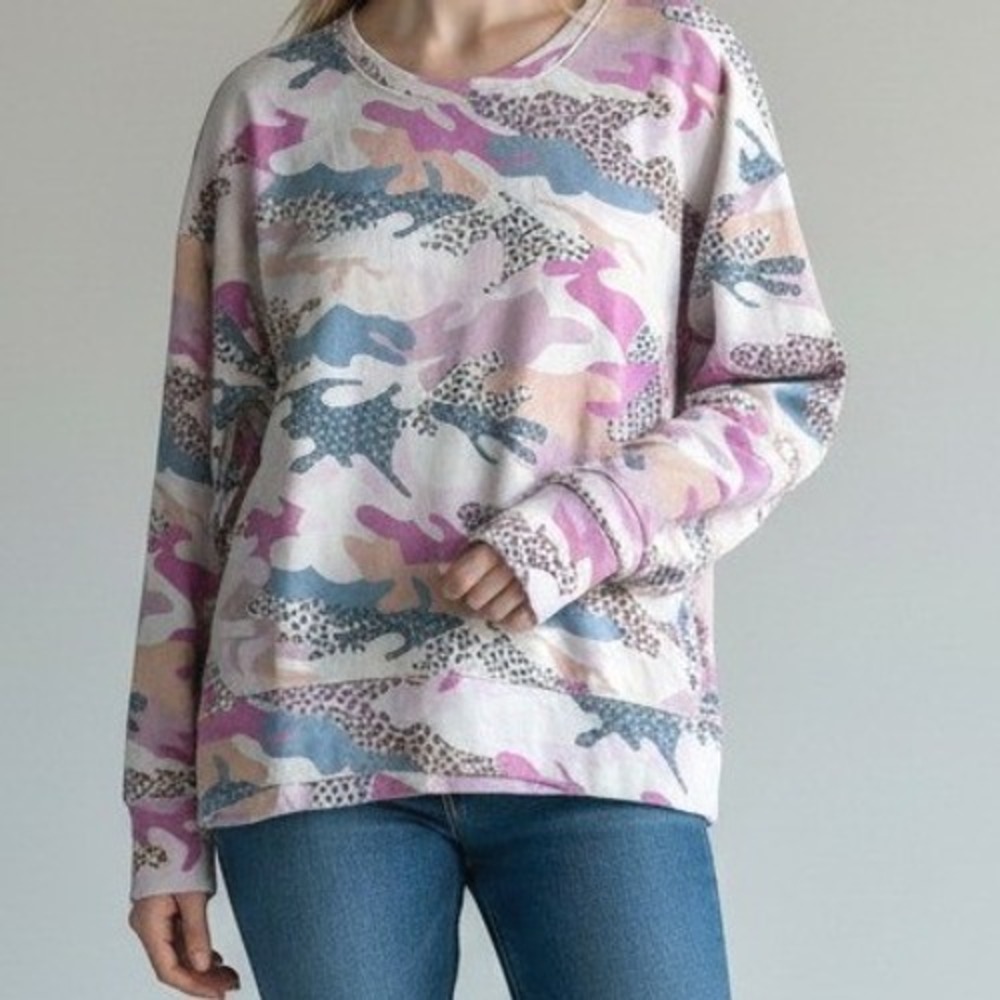 New Sundry Sweatshirt Cotton Women Size 0 Pink Camo Leopard USA Pastel Aesthetic